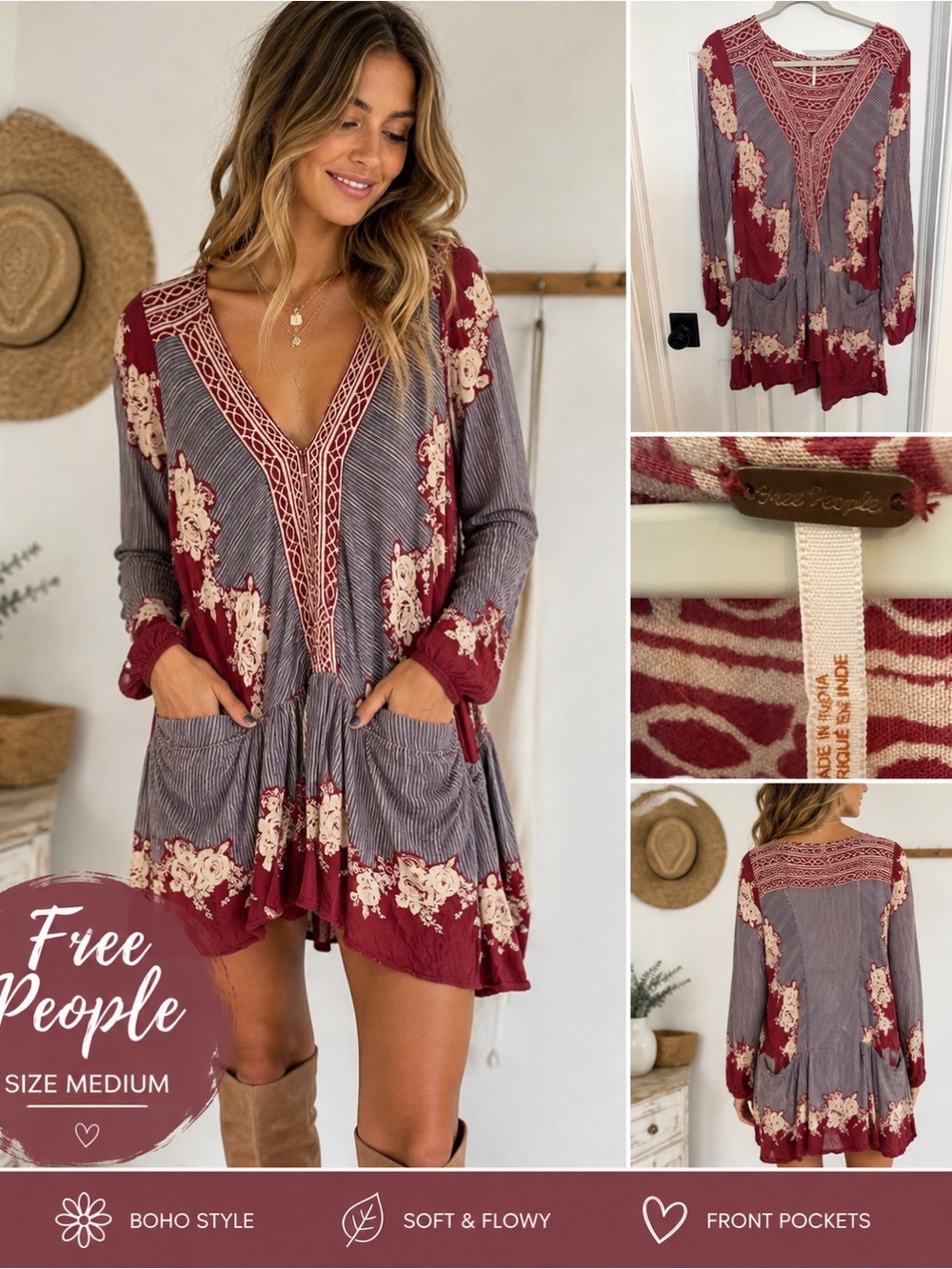Free People Boho Floral Mixed Print Tunic Mini Dress Burgundy Gray M